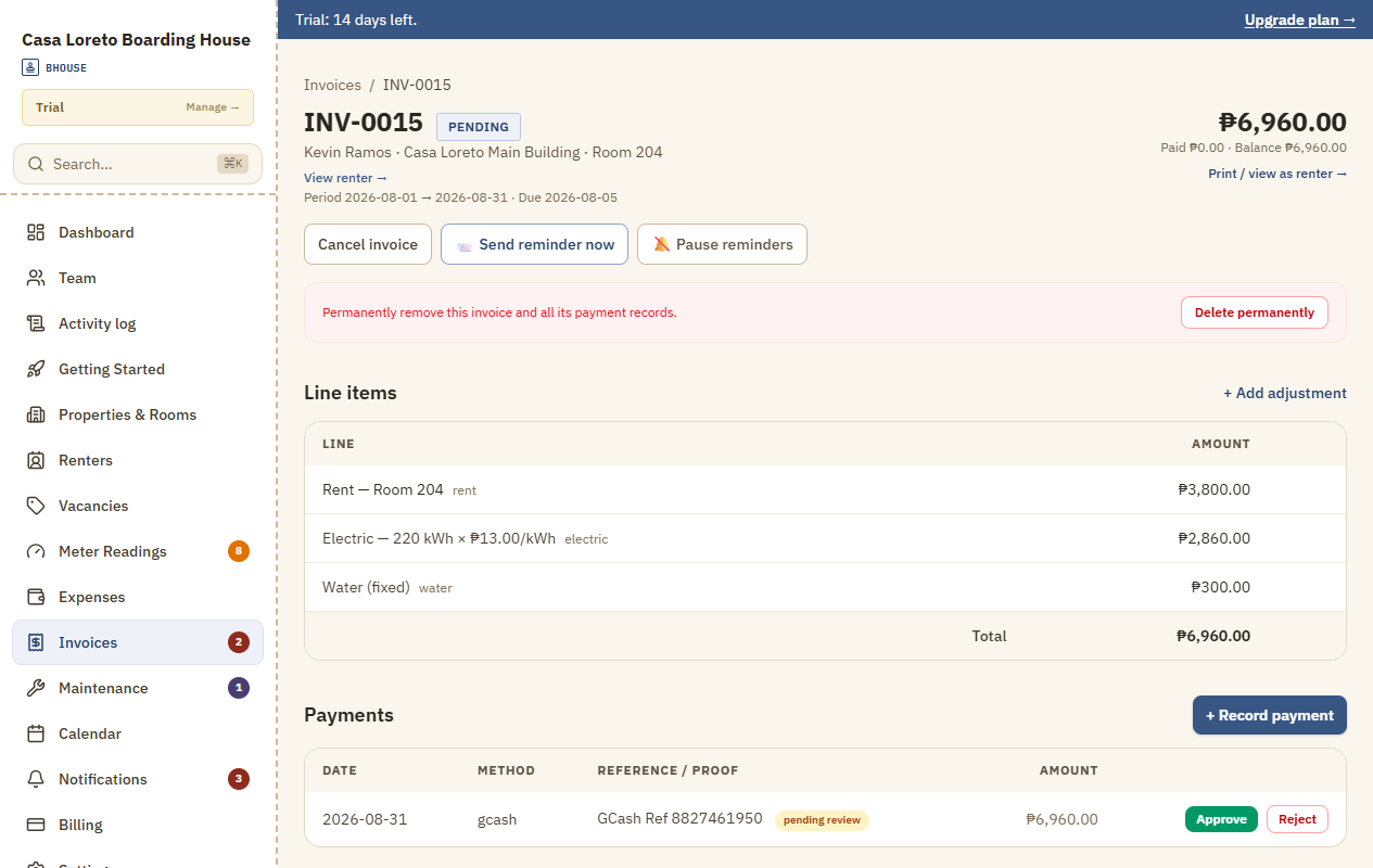 An invoice detail page showing stamped-slip line items and a pending GCash payment awaiting review