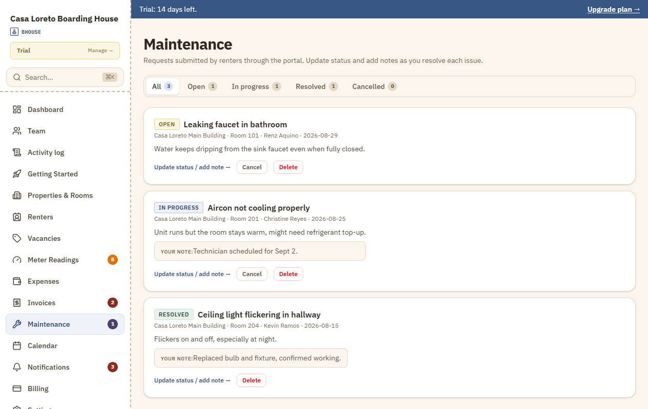 A maintenance request list showing open, in-progress, and resolved requests with landlord notes