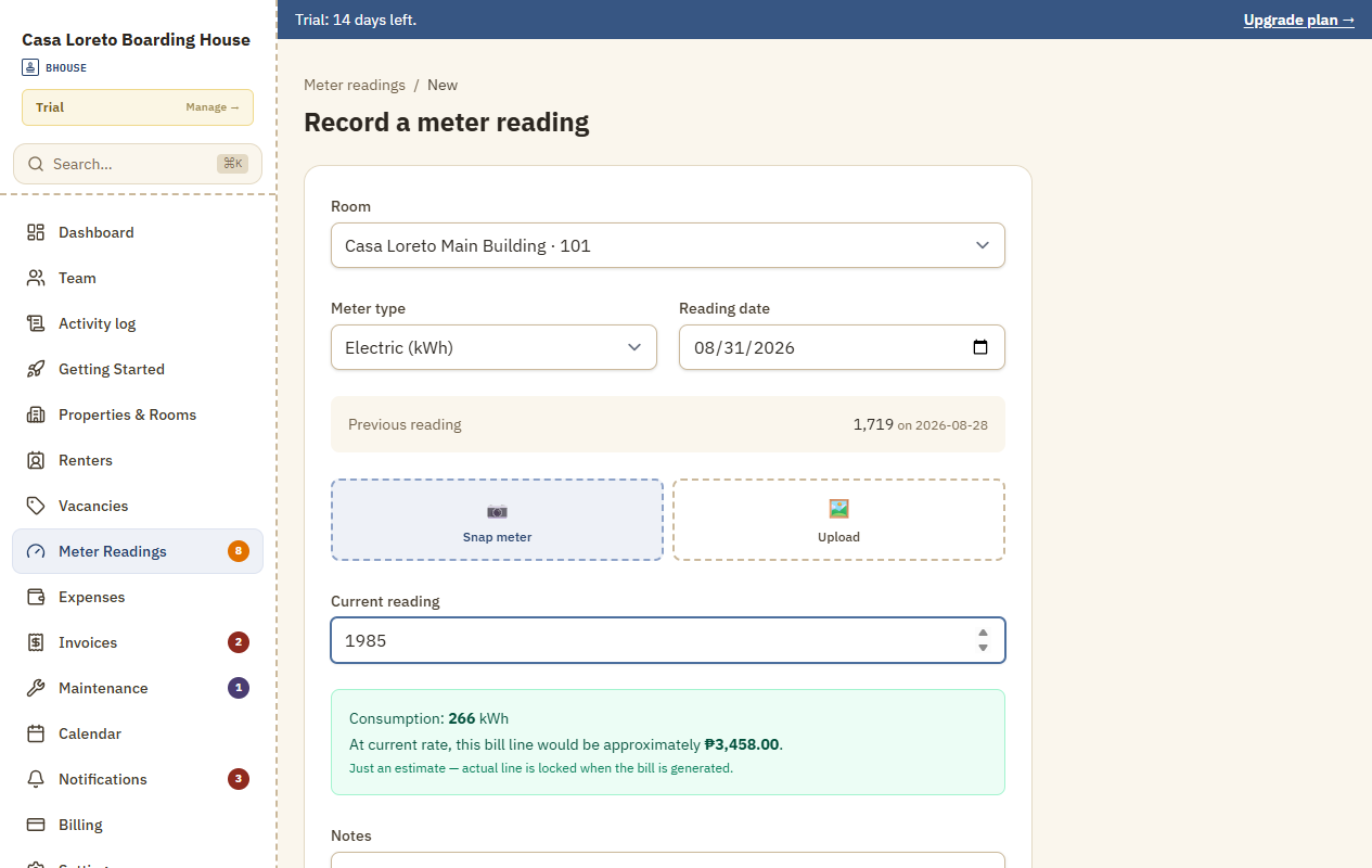 Recording a meter reading in BHouse, with a live consumption and peso estimate