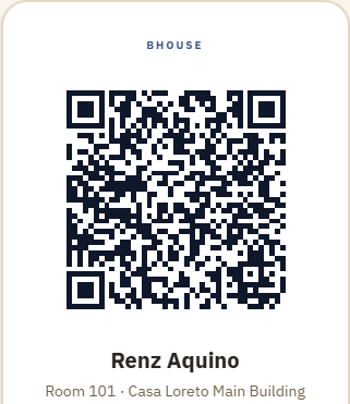 A renter's printable BHouse QR code, scannable to jump to their room and account
