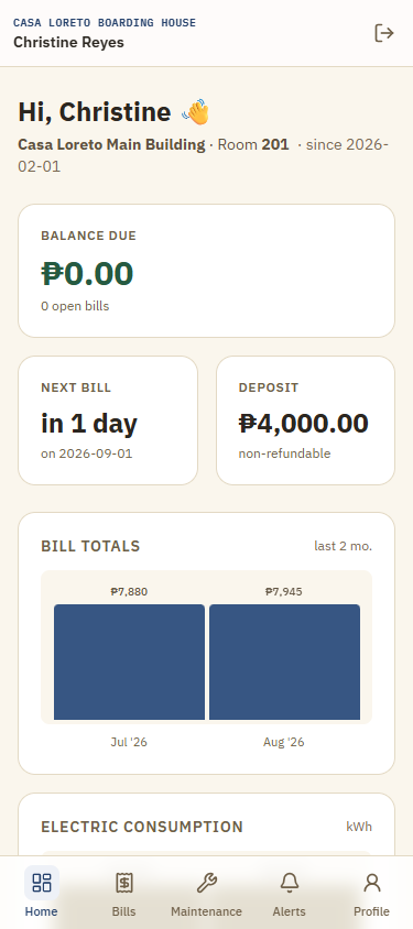 A renter's BHouse portal on their phone, showing balance due, next bill, and bill history
